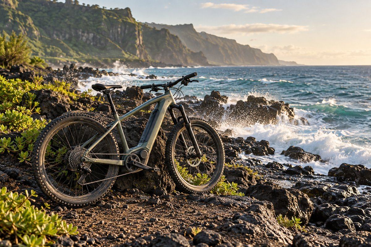 VTT électrique sur le littoral, rochers de basalte et embruns