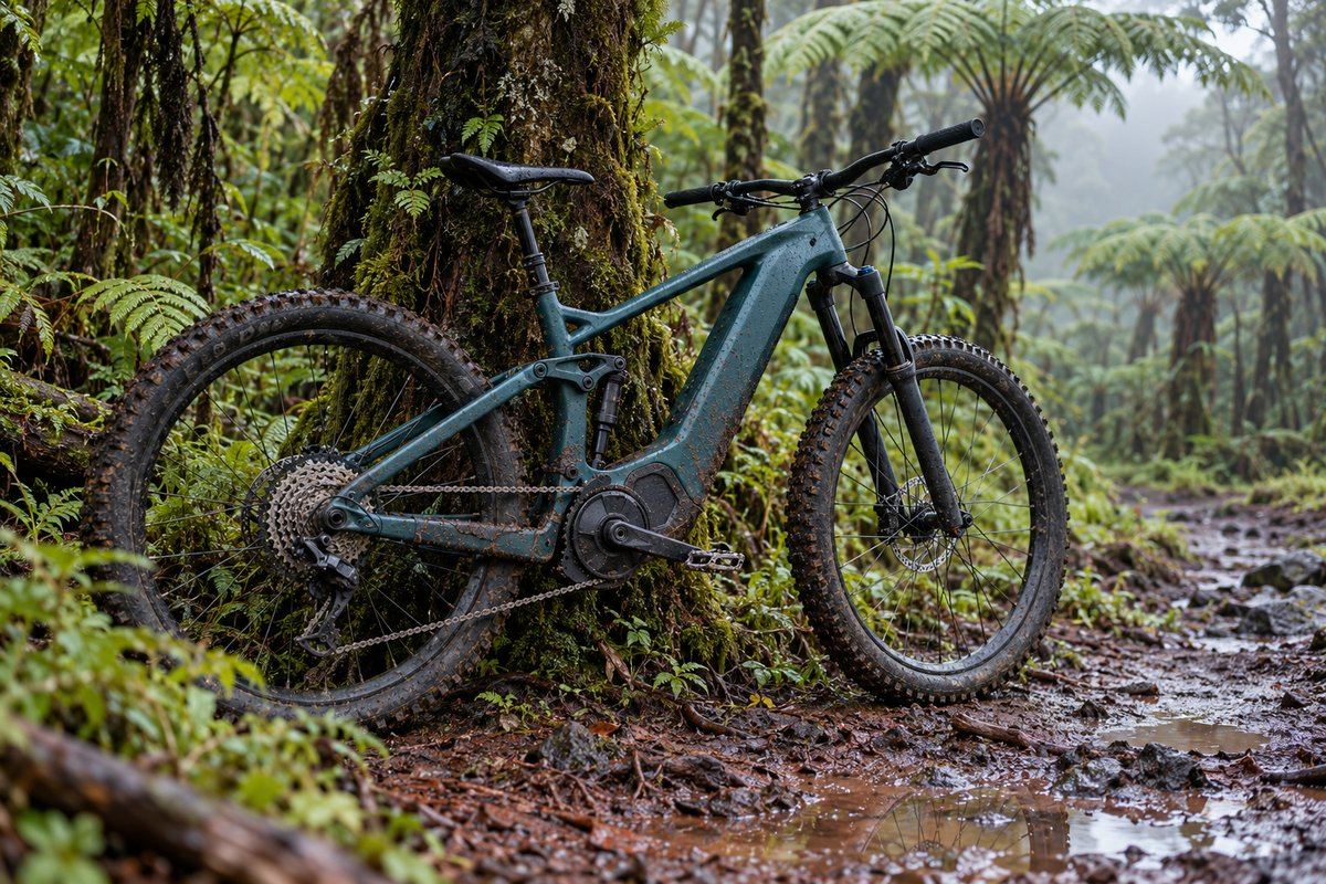 VTT électrique sur un sentier boueux sous la pluie, dans une forêt des Hauts